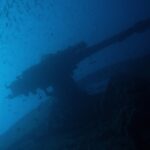 Thistlegorms akterkanon i siluett mot det blå, under ett stim av små fiskar