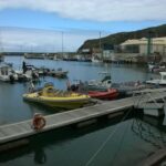 Ribbåtar, en gul med rader av säten och en röd, förtöjda vid bryggan i marinan i Vila do Porto, med segelbåtar och fiskebåtar bakom under en grön klippa och molnig himmel