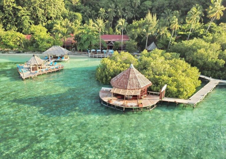 Flygbild över Raja Ampat Dive Lodge, med bryggor på pålar och röda tak under palmerna
