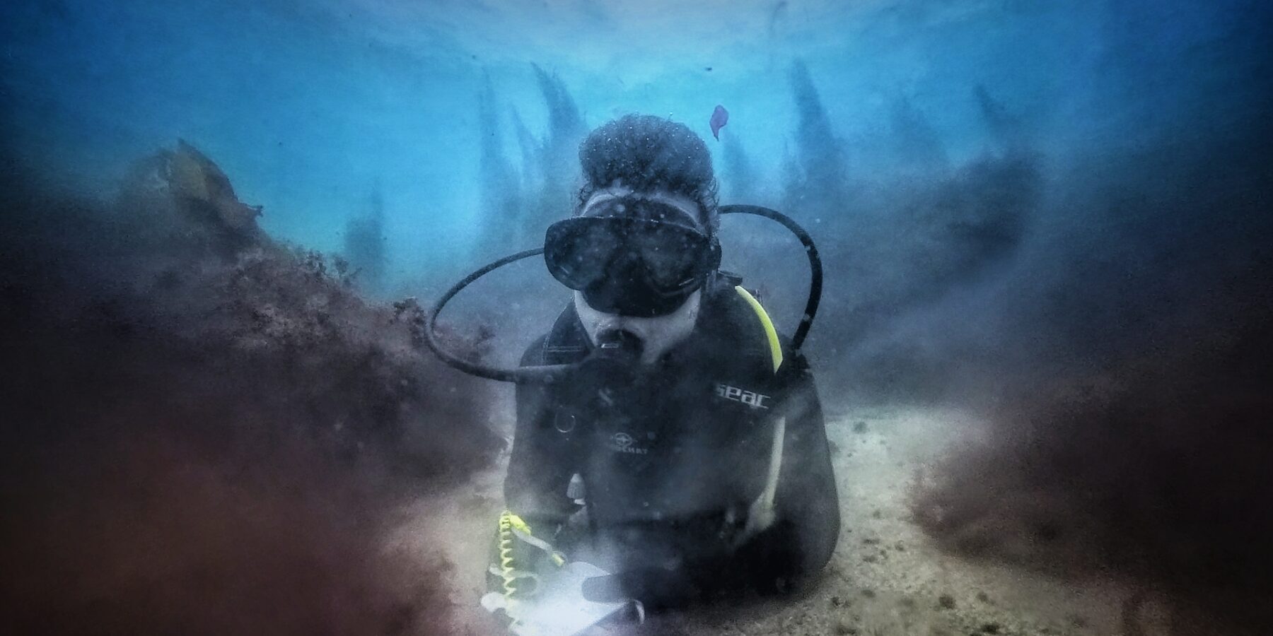 En dykare i svart dräkt, liggande på en sandbotten mellan två klippor täckta av bruna alger, skriver på en vit skrivtavla, med siluetter av tare mot det blå bakom sig.